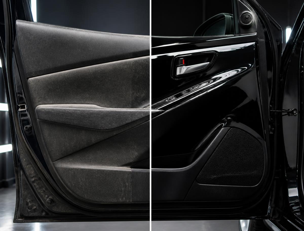 Side-by-side comparison of a dull and a polished door panel