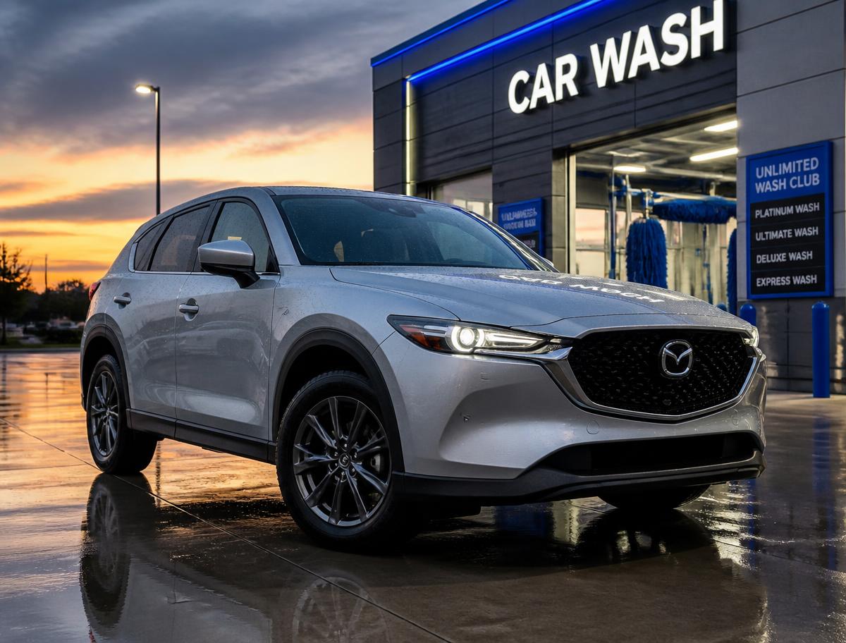 Freshly washed silver SUV with water beading on the paint