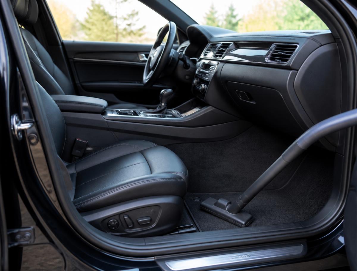 Clean black leather car interior being vacuumed